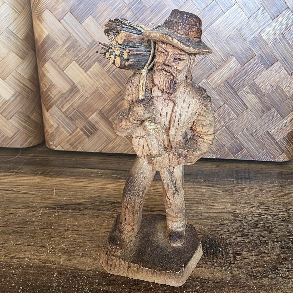 Hand Carved Wooden Peasant Man Carrying Bundle Of Sticks Axe Folk Art 6.5" Decor